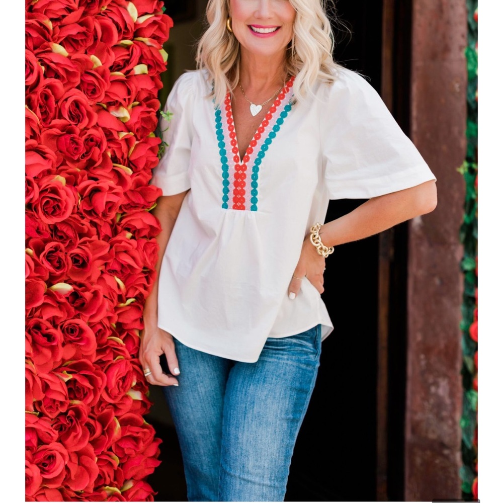 Elegant Gibsonlook Cabana Colorful Trimmed V-Nec Cotton Top/Blouse - Boho Chic